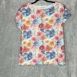 Land N Sea XL Shirt Top Pink Floral Flower Short Sleeve Round Neck Semi Sheer
